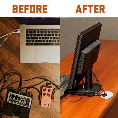 Before and after use of 5 Pack Plastic Desk Cable Grommets 2.5 Inch Hole Covers For Wire Management White Desks Tables Countertops