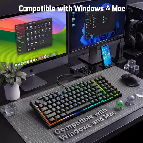 94 Key Wired RGB Gaming Keyboard Delivering Crisp Mechanical Feel And Snappy Anti Ghosting Action Alongside Four Custom Macro Keys And Large Numpad For A Truly Squad Approved Desk Setup on a minimalist desk with dual monitors.