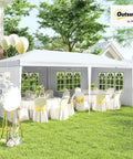 10 By 20 Foot Large Outdoor Party Tent Shelter With Four Removable Window Sidewalls For Weddings Events Markets Backyard Gatherings White Canopy Perfect For Outdoor Weddings Parties And Events With UV Rain Protection And Easy Setup, shown set up in a garden with decorated tables and chairs inside.