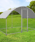 Sturdy Large Walk In Metal Chicken Coop With Water Resistant Roof And Anti UV Cover Outdoor Poultry Run Pen for Ducks and Cats in a sunny yard, galvanized steel frame with round roof.