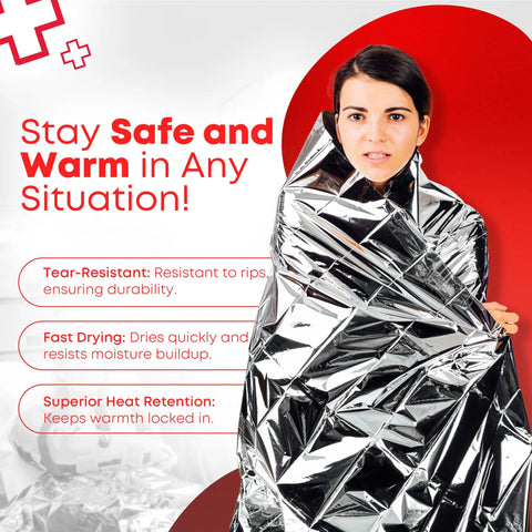 Person wrapped in Mylar Rescue Emergency Blanket For Survival, Extra Large 54 By 84 Inch Silver Thermal Sheet Reflects Heat Up To 90 Percent, Weatherproof Emergency Gear For Outdoors And Homes, Durable Pack Of 20 Count