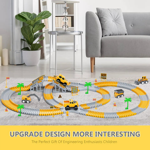 Ultimate 216 Piece Construction Race Track Playset For Kids Ages 3 4 5 6 7 8 with 5 cars, flexible tracks, and signs.