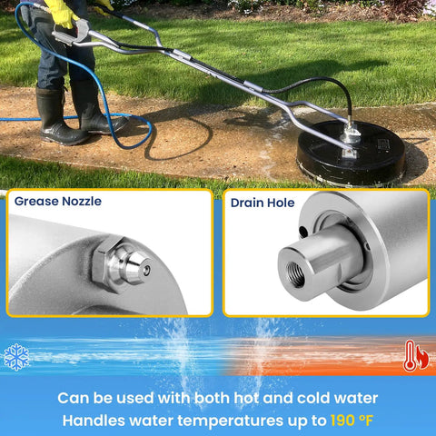 Rotary Swivel Head Replacement For BE Whirl-A-Way Surface Cleaners 16 To 24 Inch in use with highlighted grease nozzle and drain hole