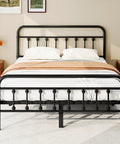 Queen Size Metal Bed Frame With Chic Victorian Headboard And Footboard Built Tough Like A Tank Skip The Box Spring Hassle Free Setup Plenty Of Under Bed Storage Black, frontal view in a bedroom setting.