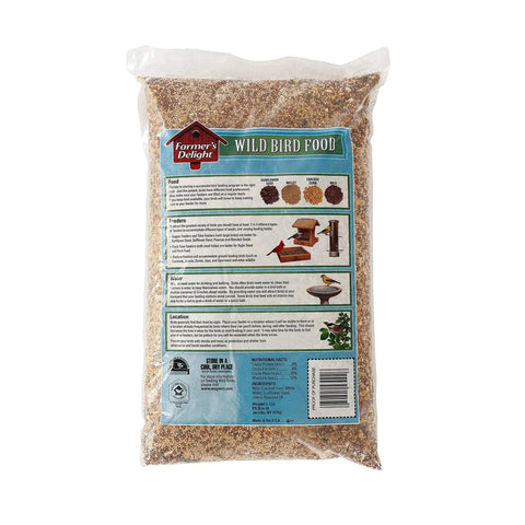 Real Deal Backyard Wild Bird Food Mix Featuring Natural Cherry Flavor And Hearty Sunflower in a clear plastic bag viewed from the back.