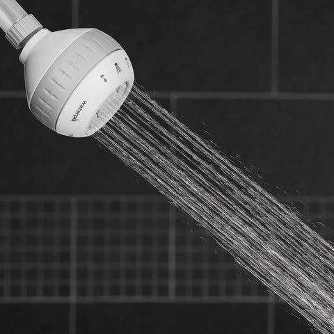 Massage Shower Head With Six Modes And Easy DIY Installation, 1.8 GPM White, Model SM 621E, spraying water in action