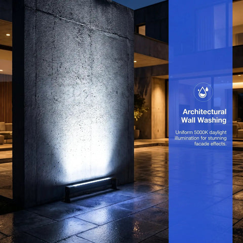 36W LED Wall Washer Light Bars, 2ft 5000K Daylight Outdoor Wall Washer Lights, illuminating concrete wall at night