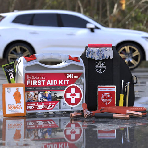 Roadside Ready 12-Foot Heavy Duty Jumper Cables And 378-Piece Car First Aid Kit Eco-Friendly Emergency Kit Snapshot Outdoors