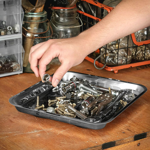 Magnetic Tool Tray Organizer 10 Inch By 11 Inch Heavy Duty Stainless Steel Square Tray with nuts and bolts in a workshop