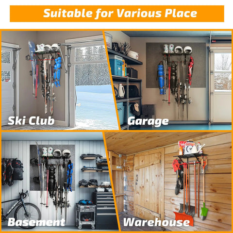 Wall Mounted Ski Rack With Dope Overhead Storage Shelf, Heavy Duty Steel Gear Organizer for garage or shed in various settings