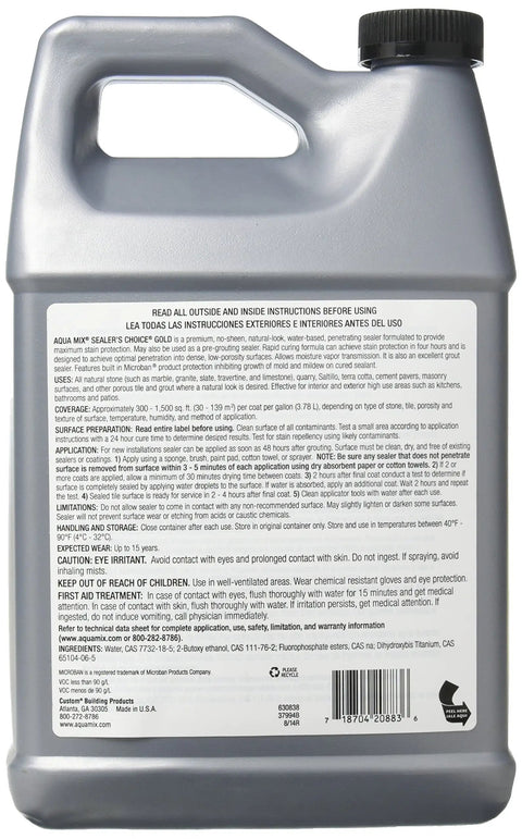 Back label of Sealer's Choice Gold Gallon Water Based Penetrating Stone And Tile Sealer With Rapid Cure No Sheen Natural Look.