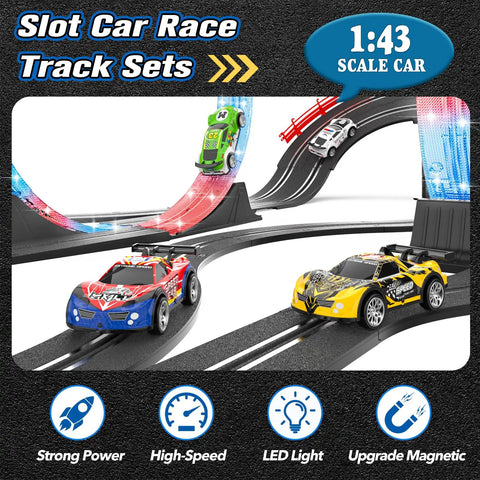 Dual Lane Slot Car Race Track Set With Four High-Speed Cars, Electric Track, and Circular Overpass Design with Flash Tracks