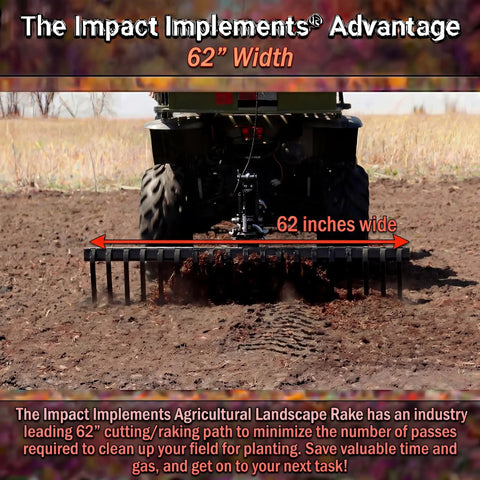 62 Inch Agricultural Landscape Rake With Tipper Latch And Spring Steel Tines clearing soil attached to tractor