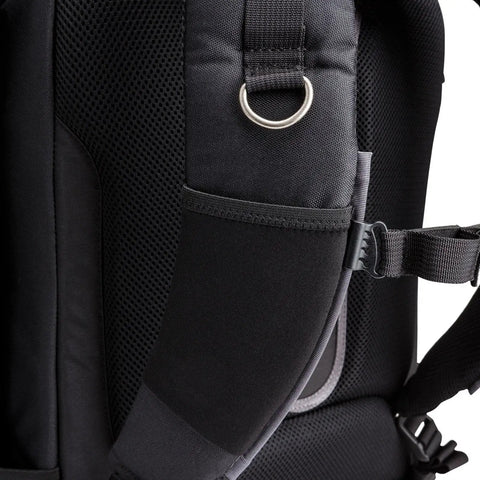 Close-up of strap and buckle on Airport Accelerator Camera Backpack for Travel Photographers Fits Two Gripped DSLRs With 600mm F4 Or 500mm F4 Attached 17 Inch Laptop and 10 Inch Tablet Built For Carry On Convenience And Everyday Rugged Use