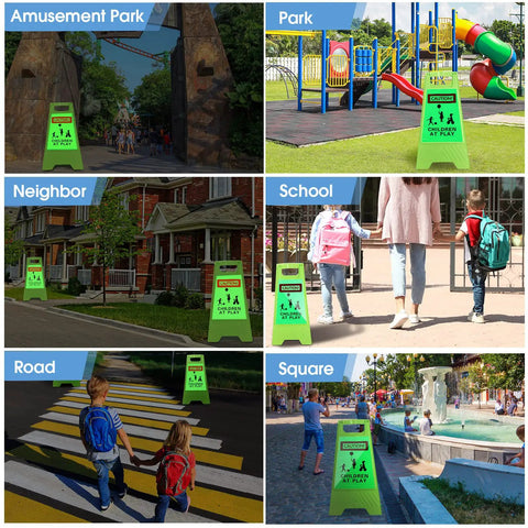 Two Pack Reflective Kids Playing Sign 24 Inch Double Sided Slow Down Kids At Play Board with Portable Handle for Street.