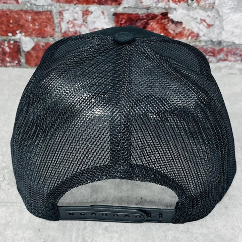 Back view of Western Style Adjustable Snapback Hat With Patch Logo In Black, Big Curl Embroidery, showing mesh and snap closure.