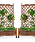 Front view of Pair Of 48 Inch Walnut Wood Planter Boxes With Diamond Lattice Trellis Mobile Outdoor Raised Garden Beds For Climbing Plants
