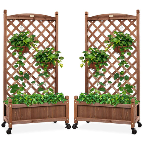Front view of Pair Of 48 Inch Walnut Wood Planter Boxes With Diamond Lattice Trellis Mobile Outdoor Raised Garden Beds For Climbing Plants