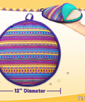 Multicolor 12 Inch Tortilla Warmer Pouch with tortillas inside, vibrant pattern, microwavable fabric, insulated for heating.