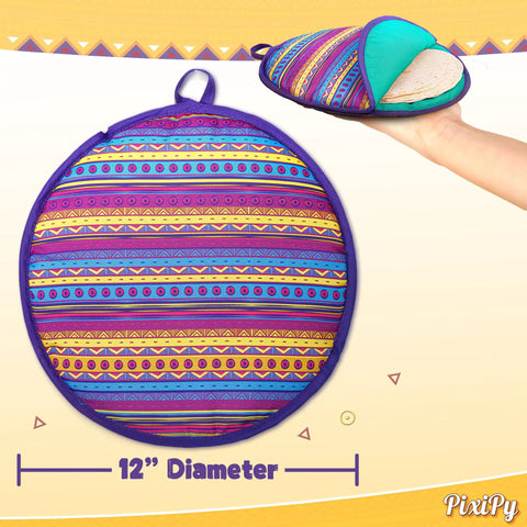 Multicolor 12 Inch Tortilla Warmer Pouch with tortillas inside, vibrant pattern, microwavable fabric, insulated for heating.