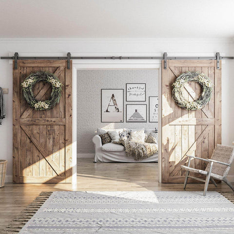 13 Ft Double Barn Door Hardware Kit With Silent Sliding Track Easy Install Fits 36 To 40 Inch Doors installed in living room