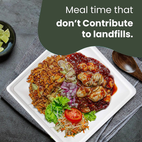 Square 10 Inch Compostable Plates, Heavy Duty Disposable Dinnerware, Sugarcane Biodegradable Party Plates For Hot Or Cold Meals, Microwave And Freezer Safe Catering Grade, 125 Pack with plated meal