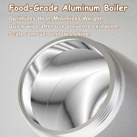 Close-up of the food-grade aluminum boiler from Electric Espresso Maker For Home Use No Stove Top Fuss Italian Moka Pot