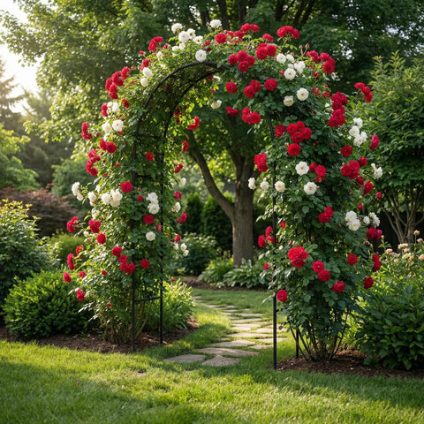 Sturdy Garden Pergola Arbor Arch Trellis With 55 Inches Wide And 94.5 Inches Tall Built To Last, covered in red and white roses.