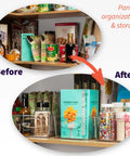Low Maintenance Pantry Organizers And Kitchen Storage Bins With Split Dividers in a shelf, showing clear bins organizing snacks and dry goods.