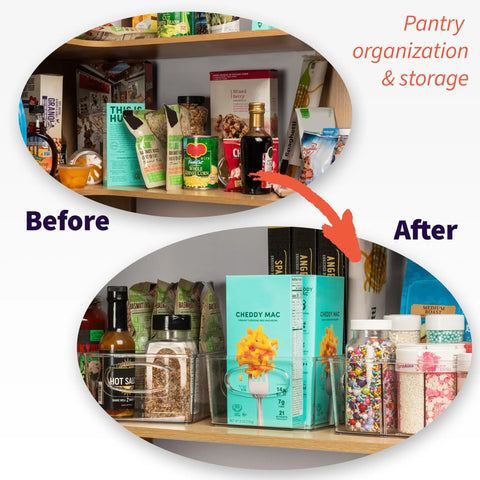 Low Maintenance Pantry Organizers And Kitchen Storage Bins With Split Dividers in a shelf, showing clear bins organizing snacks and dry goods.