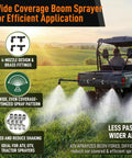 ATV with wide coverage boom sprayer wand and four nozzles, brass fittings, in field; product: Wide Coverage Boom Sprayer Wand With Four Nozzles For Lawn Big Yard And Farm Use Brass Fittings ATV UTV Tow Behind Sprayer Kit Leak Proof Agricultural Lawn Spray System For Large Yards Fields And Pastures.