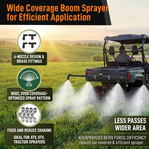 ATV with wide coverage boom sprayer wand and four nozzles, brass fittings, in field; product: Wide Coverage Boom Sprayer Wand With Four Nozzles For Lawn Big Yard And Farm Use Brass Fittings ATV UTV Tow Behind Sprayer Kit Leak Proof Agricultural Lawn Spray System For Large Yards Fields And Pastures.