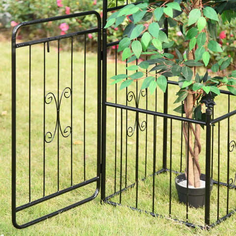Close-up of Outdoor Garden Arbor Arch Gate with Trellis Sides for Climbing Plants and Grape Vines, black metal, showing lockable gate