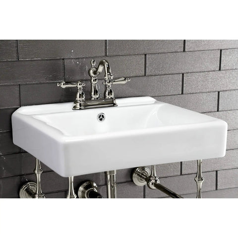 Heritage 4 Inch Centerset Lavatory Faucet With Metal Lever Handle In Polished Nickel on white ceramic sink