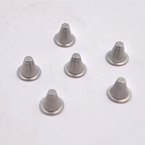 Set of seven stainless steel witches-hat waterjet stop-filter cones with bases