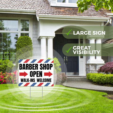 Two Pack Barber Shop Yard Signs With Stakes 17 By 13 Inches Double Sided Corrugated Plastic Outdoor Barbershop Signs For Business Outside Easy Install No Tools Needed displayed on lawn