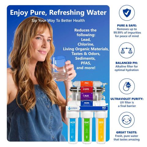 Woman using Under Sink 11-Stage Alkaline Reverse Osmosis Water Filtration System With UV Light, 100 GPD, NSF Certified for pure water.