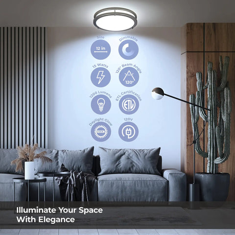 Lit room with 12 Inch LED Flush Mount Ceiling Light Dimmable 15W 150W Equivalent 1200lm 5000K Daylight Oil Rubbed Bronze Dual Ring Fixture
