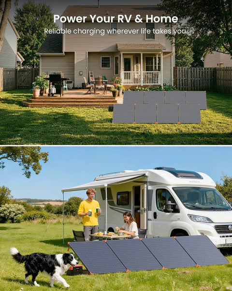 450W Portable Foldable Solar Panel Charger For Off Grid RV Power Backup IP68 Waterproof 38V N Type 16BB in garden and with RV
