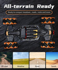 Top view of Nerf Compatible RC Battle Tank With Soft Bullets, 360 Degree Spin showing all-terrain wheels in off-road, meadow, road, sands.