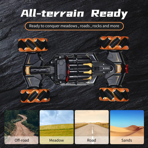 Top view of Nerf Compatible RC Battle Tank With Soft Bullets, 360 Degree Spin showing all-terrain wheels in off-road, meadow, road, sands.
