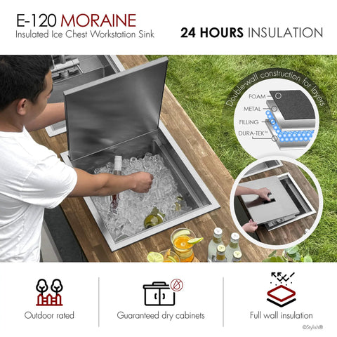 Badass Hella Insulated Workstation Sink For Outdoor Kitchen Bar Station With Deep Stainless Bowl Includes Heavy Duty Lid Commercial Grade Strainer And Cutting Board Built Sick; man using insulated sink with ice and bottles.