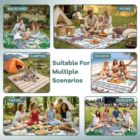 2 In 1 Extra Large Boho Beach Blanket Towel Giant Woven Outdoor Picnic Mat For Camping And Travel in various settings