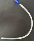 Clear medical-grade silicone leg bag extension tubing, 18 inches with white connector and blue end cap.