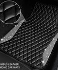 Premium Bling Diamond Leather Car Mats With Sparkly Rhinestone Edges Anti Slip Waterproof Universal Fit For Daily Drive Dope Ride Flex In Black Silver close-up of textured rhombus leather with rhinestone edges.