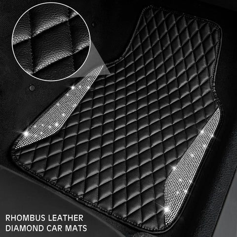 Premium Bling Diamond Leather Car Mats With Sparkly Rhinestone Edges Anti Slip Waterproof Universal Fit For Daily Drive Dope Ride Flex In Black Silver close-up of textured rhombus leather with rhinestone edges.