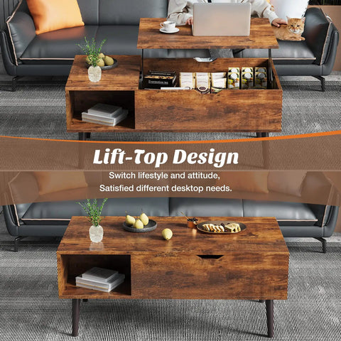 Living room scene with Lift Top Coffee Table With Hidden Storage For Living Room Adjustable Height Up To 6.3 Inches With Sturdy Steel Hinge