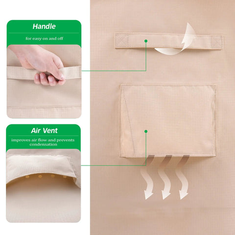 Waterproof UV-Resistant Large Deep-Seat Patio Lounge Chair Cover 40W 40D 36H showing handle and air vent details
