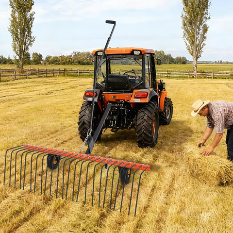 60 Inch Tow Behind Lawn Dethatcher And Landscape Rake With 24 Tines Heavy Duty Steel Pine Straw Rake for ATV UTV and Garden Tractors working