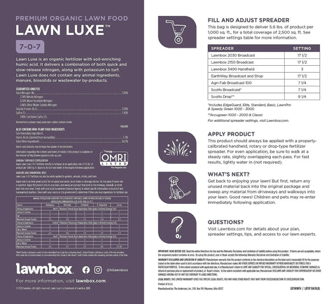 Organic 7-0-7 Summer Lawn Fertilizer instruction label with application guidelines and spreader settings.